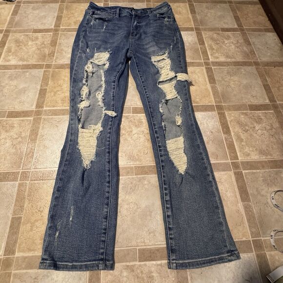 Judy Blue Straight Fit Jeans Distressed Medium Wash Stretch Size 13/31 - Picture 1 of 15